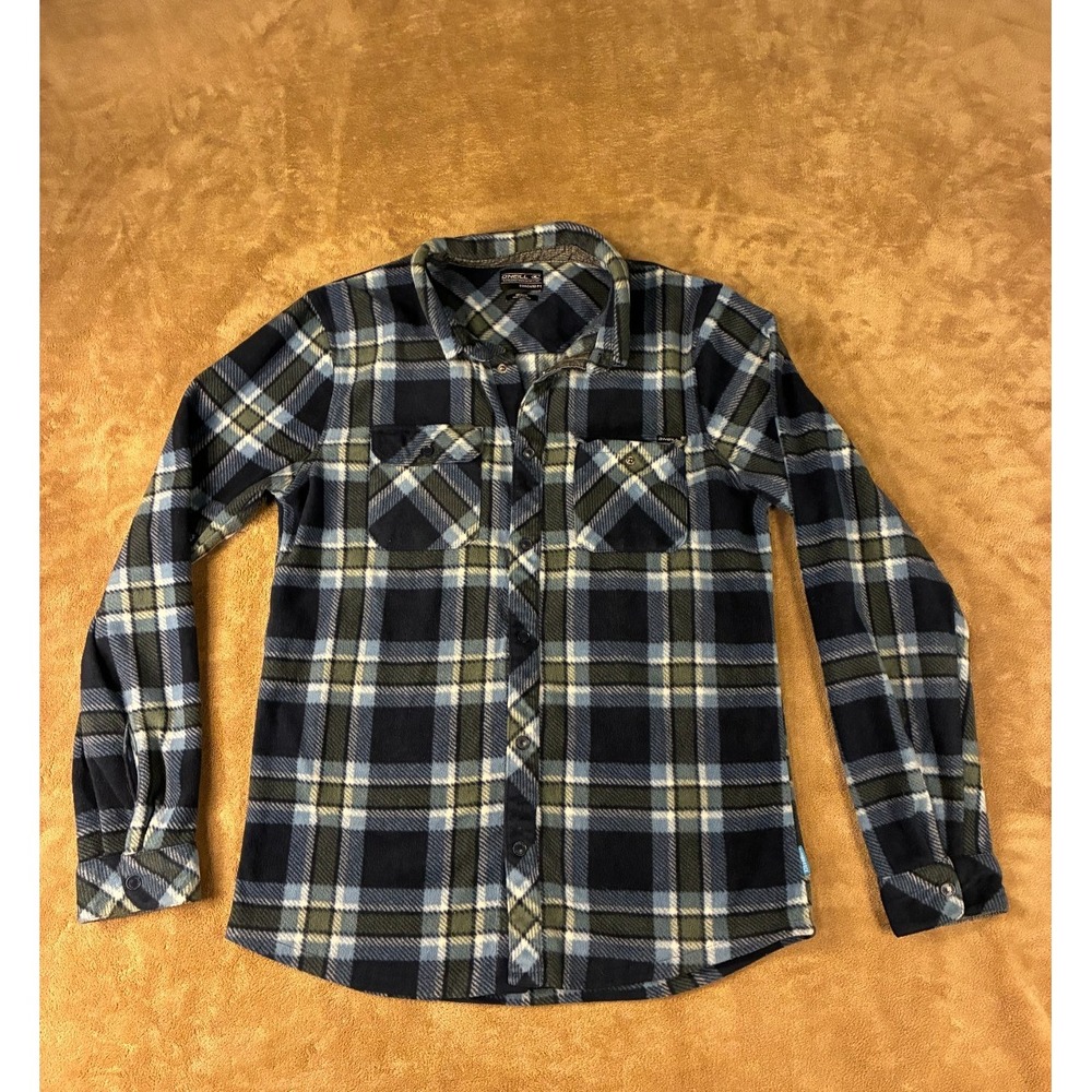 Oneill Mens Medium Blue Plaid Heavy Fleece Flannel Jacket Grunge Gorpcore Cozy